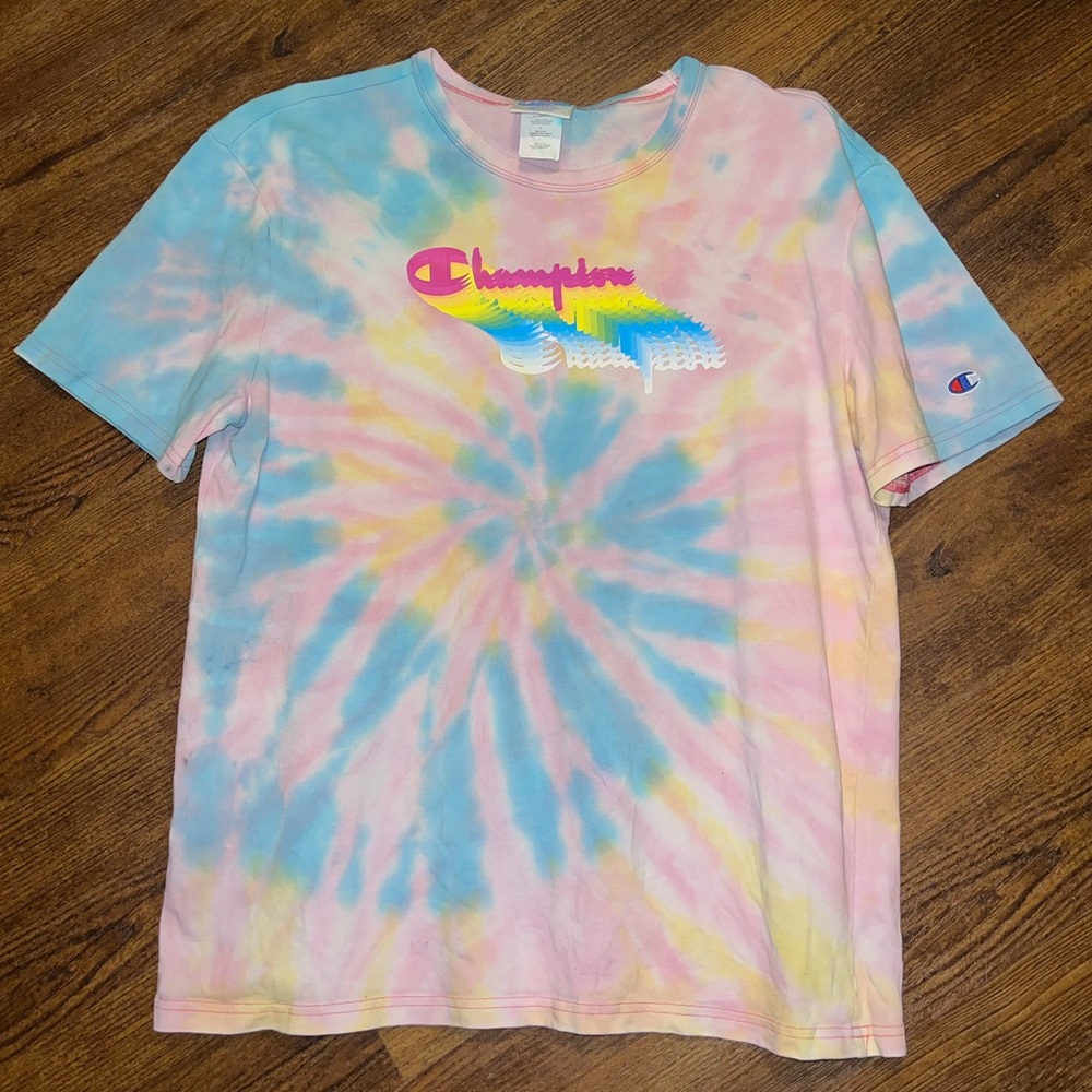 Champion Urban Outfitters Custom Tie Dye Logo T-Shirt Blue Pink Yellow Size L